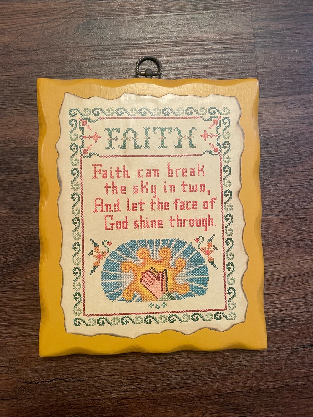 Vintage 1972 Wooden “Cross Stitched” Picture Religious Faith Wall Hanging Plaque